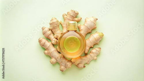 Ginger Essential Oil Bottle with Fresh Ginger Root on Green Background
