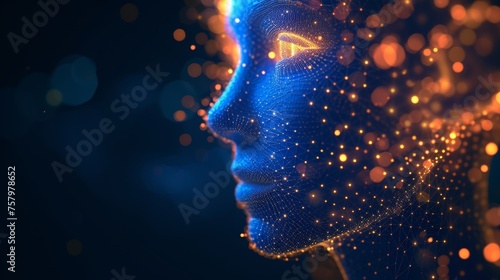 Glowing hologram of human face 3D model with dark background.
