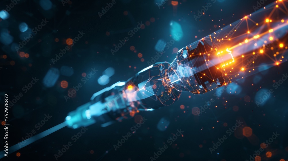 Glowing hologram of syringe 3D model with dark background. Glowing hologram of syringe 3D model with dark background.