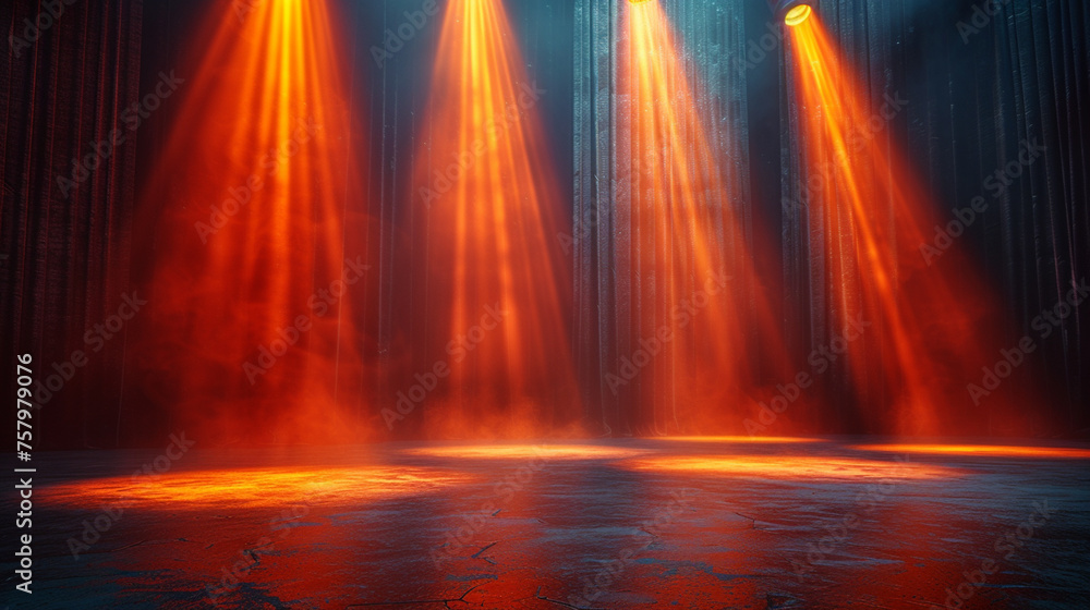 Illuminated red stage. Product display background. Bright rays of spotlights, sparkling sparkling particles.