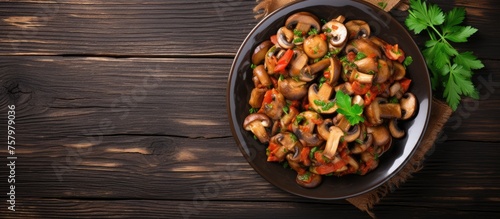 A Rustic Plate of Fresh Mushrooms and Colorful Vegetables on a Wooden Farm Table