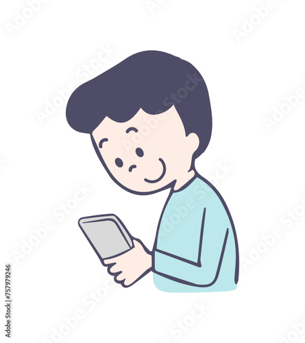 スマホを操作する男性のイラスト　笑顔
