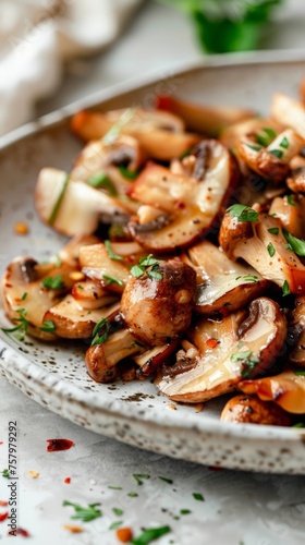 a plate of mushrooms with herbs