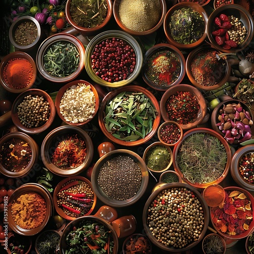 Spices and herbs mingle in a dance of aroma and color, their vibrant hues a celebration of culinary diversity and sensory delight
