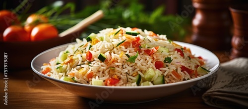Colorful Rice Bowl with Fresh Vegetables and Juicy Tomatoes - Healthy Eating Concept