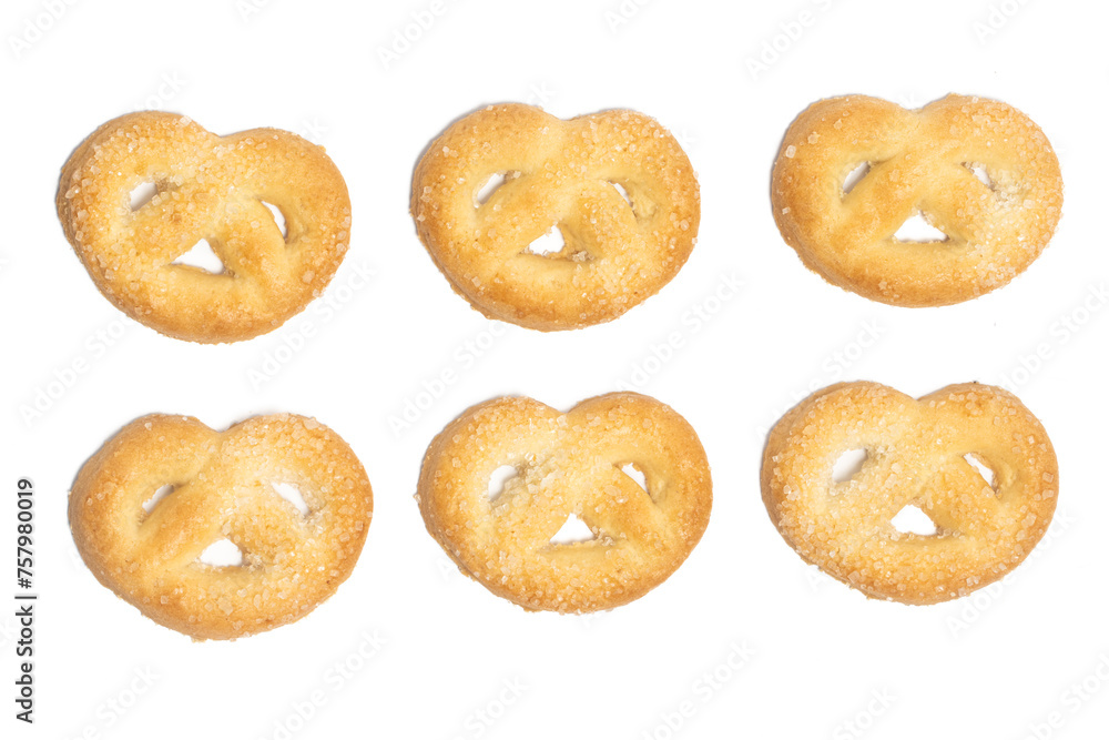 Group of danish butter cookies the pretzel cookie top view isolated on white background clipping path Group of danish butter cookies the pretzel cookie top view isolated on white background clipping path