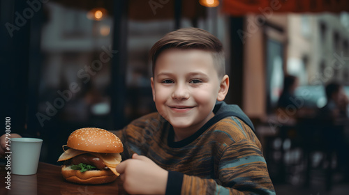 Cute fat happy boy 7 years old with a burger on cafe