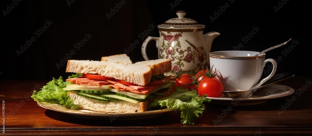 Fototapeta premium Delicious Lettuce and Tomato Sandwich Served on a Stylish Plate for a Healthy Meal