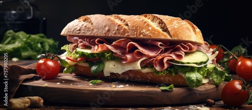 Delicious Ham and Cheese Sandwich with Lettuce Leaves on Rustic Wooden Table