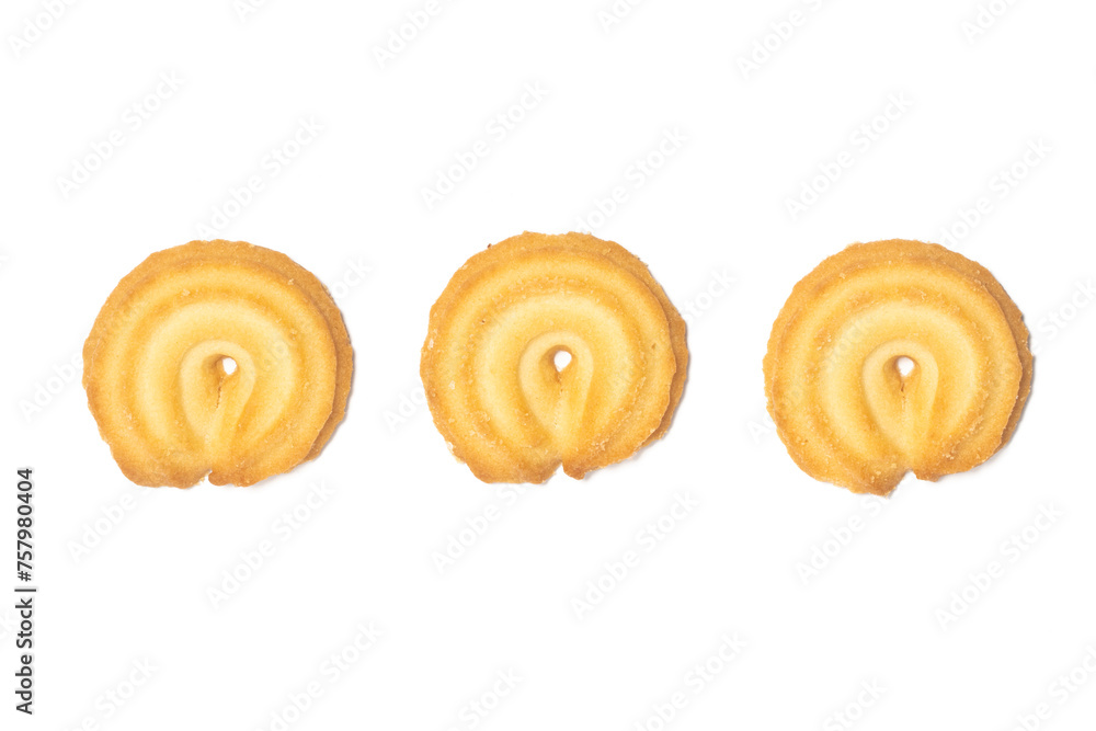 Group of danish butter cookies the vanilla ring cookie top view isolated on white background clipping path