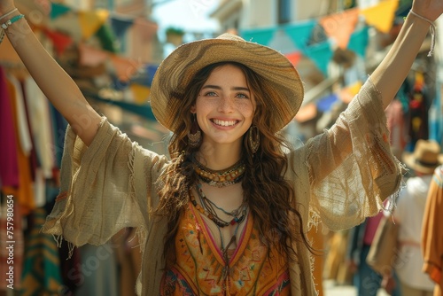 Smiling woman in a straw hat and bohemian outfit with arms raised, celebrating life at a vibrant market