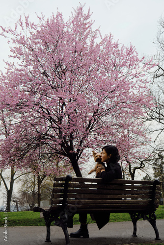 A young pretty Asian woman on a bench in a spring park with a decorative dog and smiling. Female pet owner poses with a Yorkshire terrier on a walk against of pink sakura in the center of Belgrade.