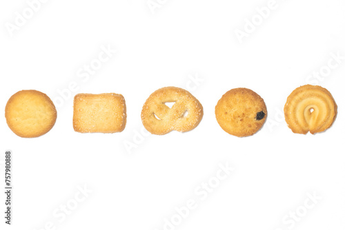 Assorted of danish butter cookies top view isolated on white background clipping path