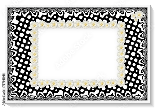 Karta okolicznościowa w biało, czarnej kolorystyce z miejscem na tekst, życzenia, z dekoracyjnymi białymi różami i deseniem z białych kropek