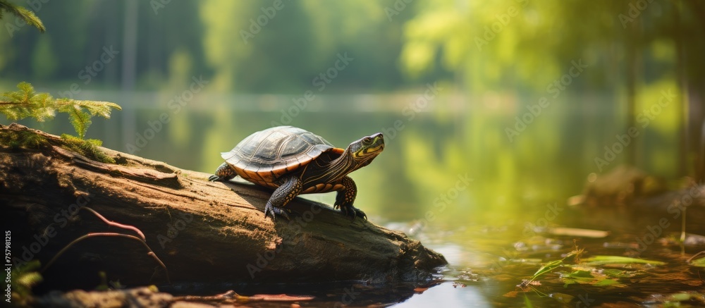 Obraz premium Tranquil Turtle Rests on a Wooden Log Amidst Serene Pond Landscape