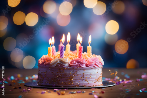 Birthday cake with candles, bright lights bokeh