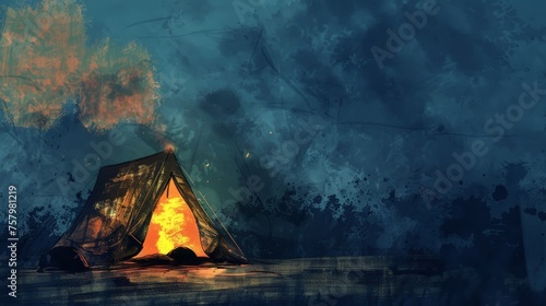 a tent with fire in the background