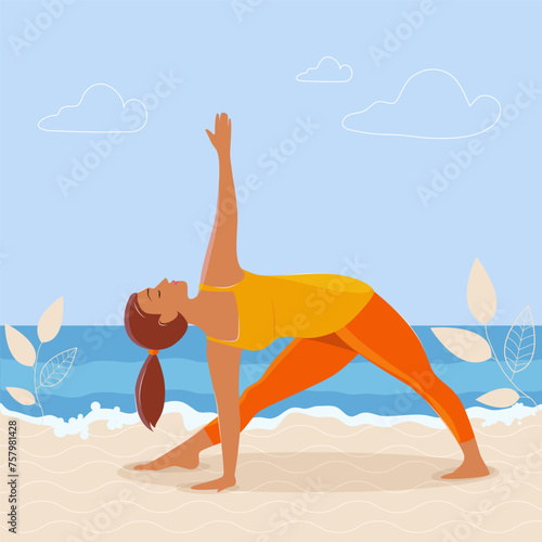 Girl on the beach doing yoga, vector flat graphics, sports, health, pose