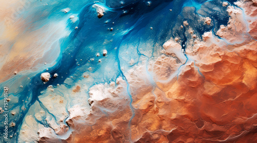 Close-up view of planet Earth from space with deserts and seas. Abstract background.