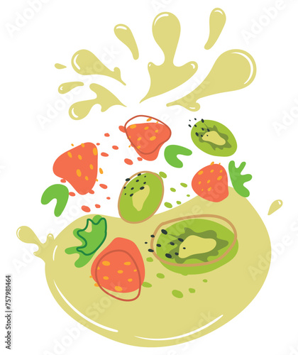Ripe strawberry and kiwi with splashes of juice. Vector illustration of organic fruit juice. Eco label concept for natural strawberry and kiwi flavor. Design of vape, juice, smoothie.