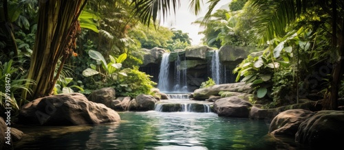 Majestic Waterfall Surrounded by Lush Greenery in a Vibrant Tropical Jungle Landscape