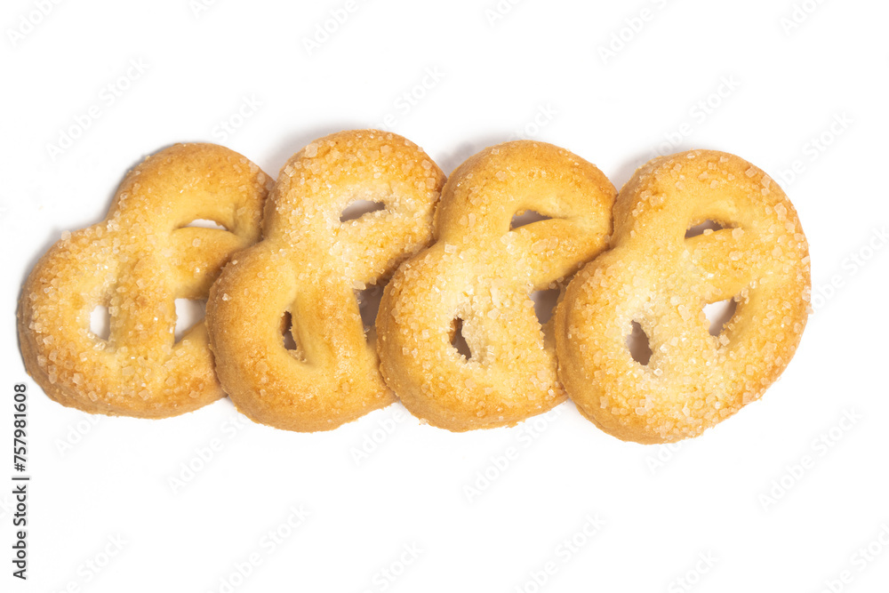 Group of danish butter cookies the pretzel cookie top view isolated on white background clipping path Group of danish butter cookies the pretzel cookie top view isolated on white background clipping path
