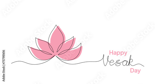 Vector illustration of a one line drawing of lotus and Vesak handwritten text. Greeting card Happy Vesak Day