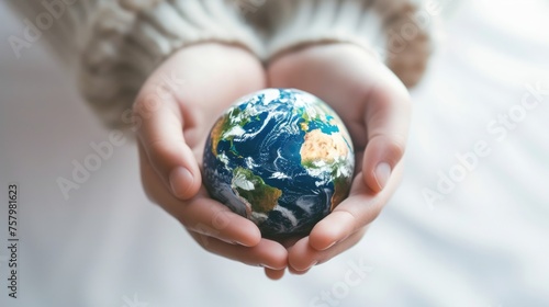 hands with a globe, embodying eco-consciousness, green living, and the global commitment to climate action, Earth's Day, A peaceful call to protect our planet, Earth in loving hands