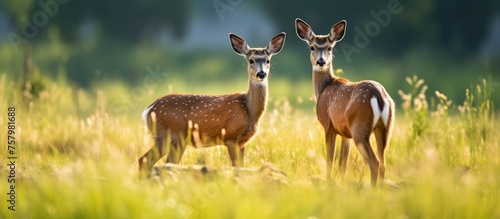 Majestic Deers Silhouetted Against Golden Hour Sunset in Serene Tall Grass Habitat