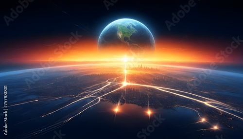 A large, glowing celestial body rising over the horizon of an Earth-like planet with visible city lights and landmasses, set against the backdrop of space with shooting stars