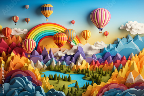 Hot air balloon over the mountains, paper craft art or origami style for baby nursery, children design.