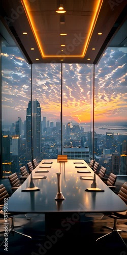 Executive boardroom with panoramic city skyline views, inspiring strategy
