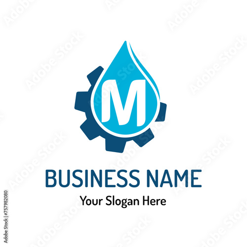 Letter M Logo Idea for Water Repair, Water Maintenance. Simple Modern Plumbing Service Logo with Water Drop and Gear