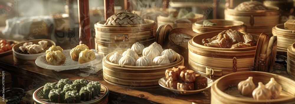A variety of dim sum in bamboo steamers, beautifully arranged on a wooden table with garnishes. A variety of dim sum in bamboo steamers, beautifully arranged on a wooden table with garnishes.