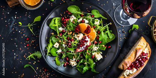 A plate of salad with a salad on it and a bowl of nuts on the side, Delicious salad with arugula and goat cheese on white plate, top view, copy space