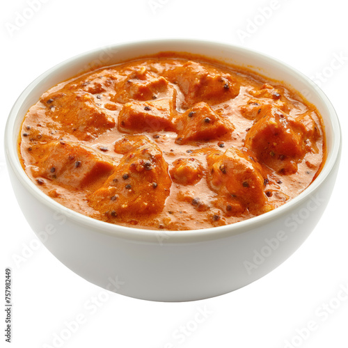 Tasty butter chicken curry or Murg Makhanwala or Tikka masala dish from Indian cuisine, closeup, isolated on transparent background, cutout photo