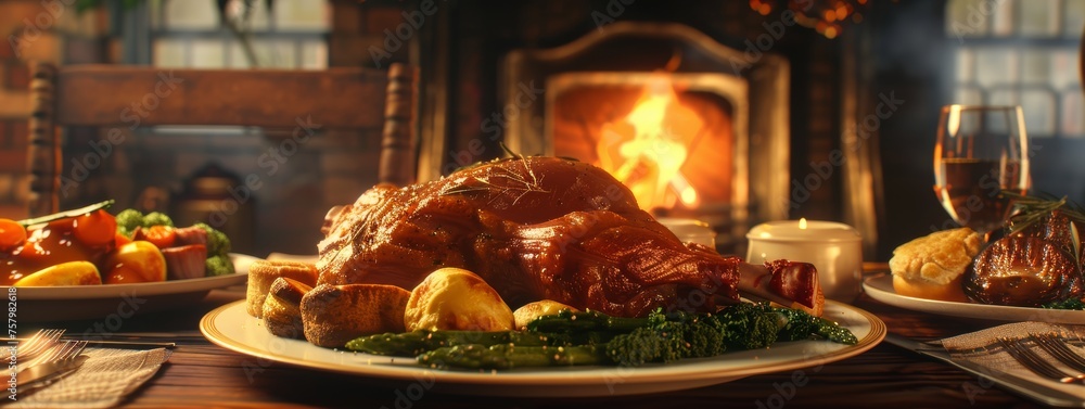 A festive dinner table set with a roasted meat centerpiece, vegetables, bread, wine, and lit candles. A festive dinner table set with a roasted meat centerpiece, vegetables, bread, wine, and lit candles.