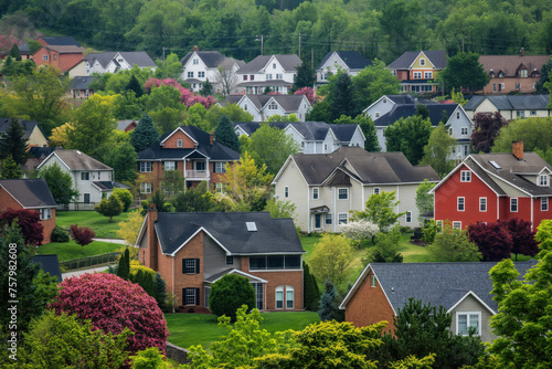 Small american town residential complex district an houses and roads on view with trees landscape AI Generative