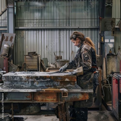 a woman working on a piece of metal in a workshop