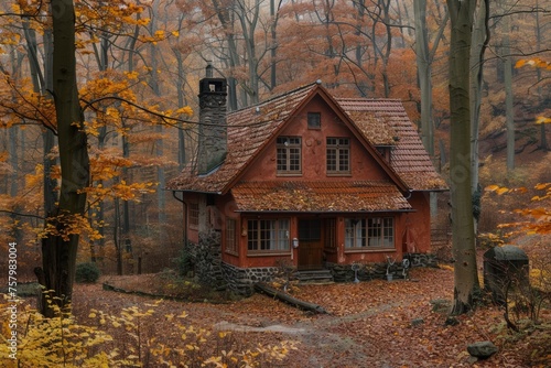 Quaint red cabin with a mossy roof surrounded by trees shedding their autumn leaves