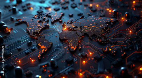A glowing digital world map superimposed on a highly detailed computer chip circuit. Top view.