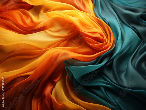 3D rendering of colorful silk fabric with flowing waves, orange and teal colors, dark background, closeup