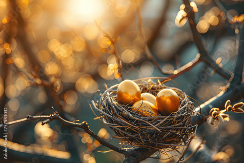 golden eggs in a nest on tree branch with a blurred background of a natural forest photo