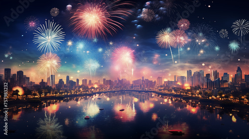 Fireworks and fireworks with panoramic views of the big night city.