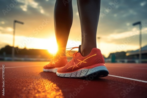 Running shoe of athletic runner training in stadium at sunset, preparing for sports competition, Summer Olympic games in Paris, France