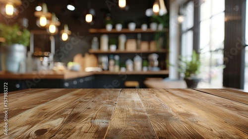 Empty wooden tabletop, bokeh view of modern kitchen interior. Product and food display