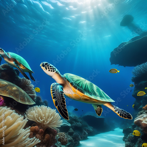 Sea turtle on the ocean floor. undersea world