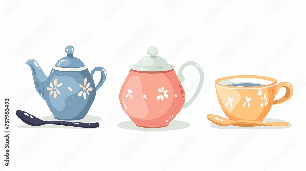 The ceramic teapot and teacups pair, with spoons. Retro style pottery for hot drinks, teatime. Isolated modern illustration on white.
