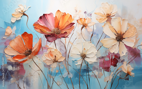 Beautiful wild flowers in orange and pink colors, an oil painting in the style of a fantasy art style © Mamital