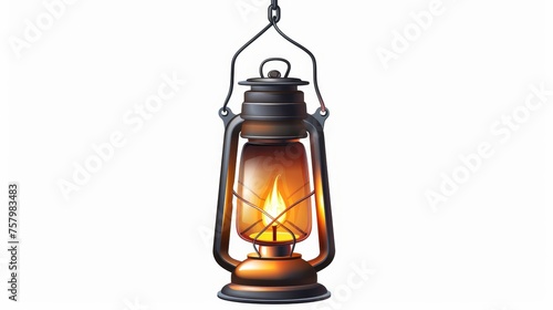 A lantern with a flame inside. A lamp from metal and glass, candlelight, burning candle fire. Hanging decoration with burner. Isolated modern illustration.